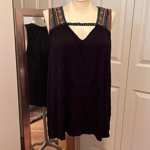Eyeshadow brand black tank top with tribal embroidery pattern